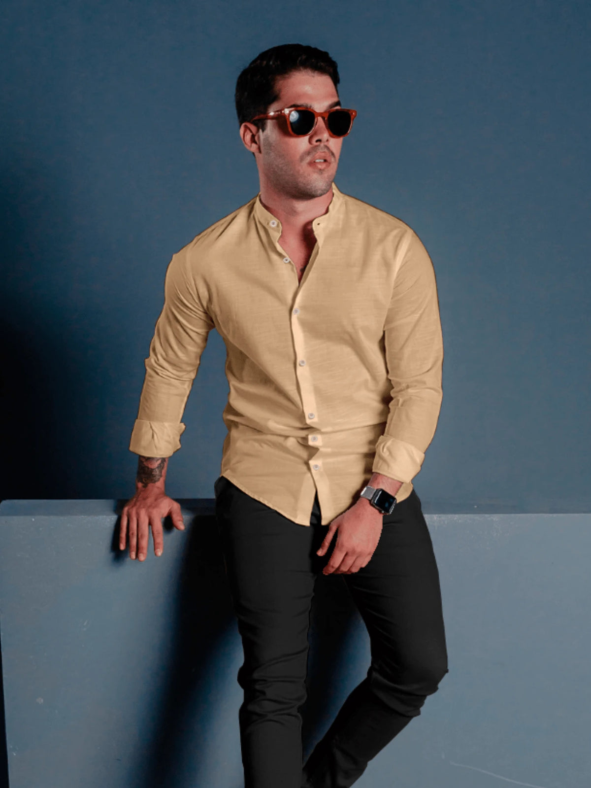 Camisa Masculina Gola Padre com Aspecto de Linho Slim Fit Diamond