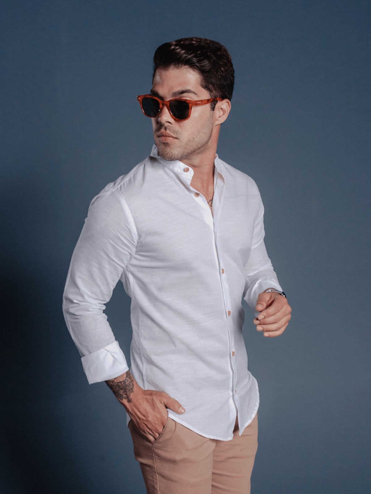 Camisa Masculina Gola Padre com Aspecto de Linho Slim Fit Diamond