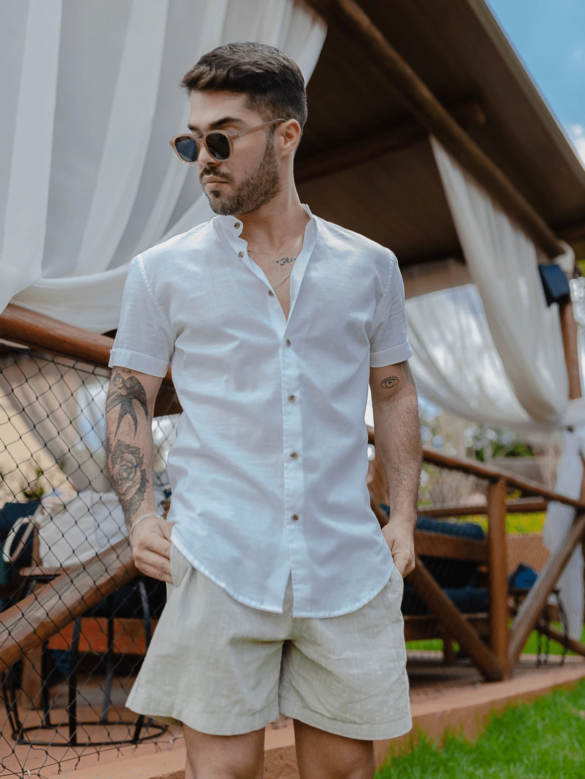 Camisa Masculina Gola Padre em Linho Martini